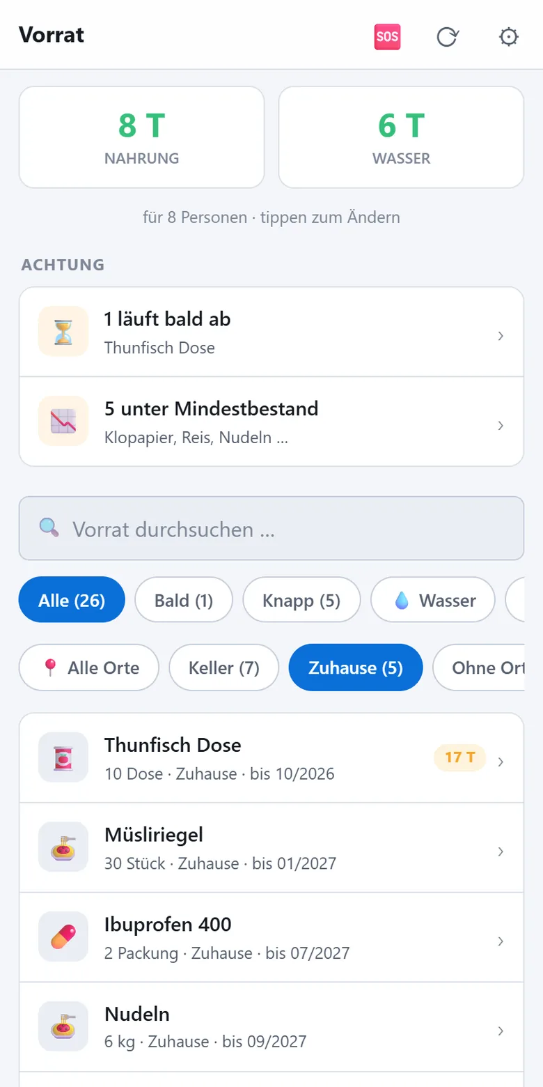 Prepper-App: Vorrat mit Durchhaltezeit je Ort