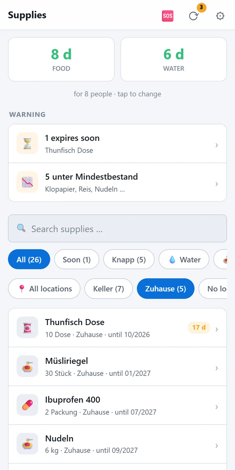 Prepper app: supplies with days per location