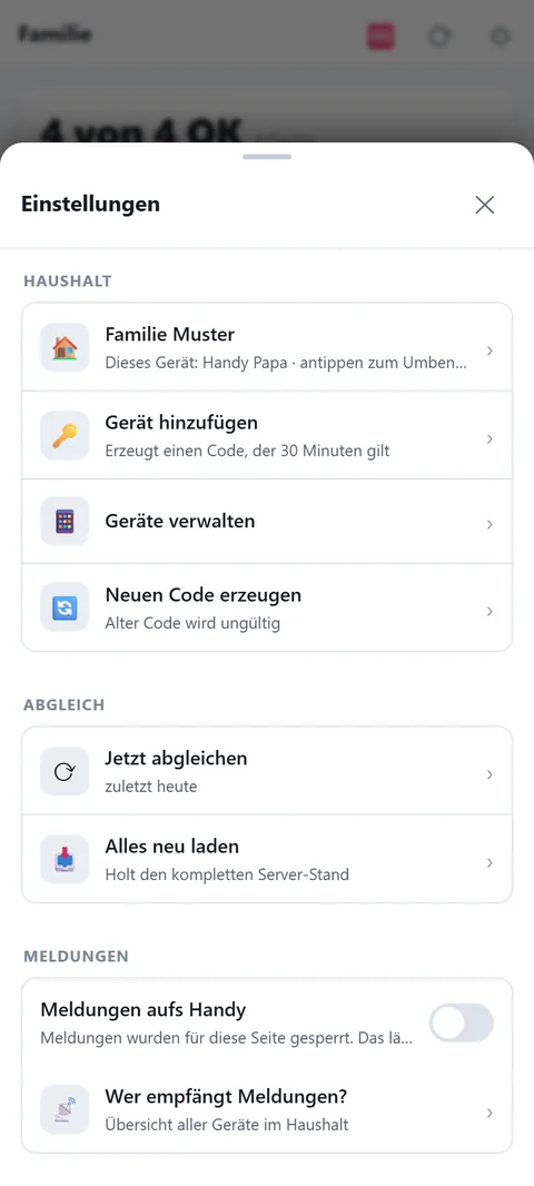 Einstellungen: Haushalt, Beitrittscode, Geräte