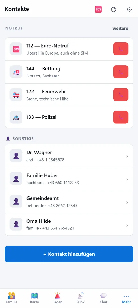 Notrufe und eigene Kontakte