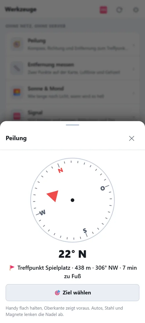 Peilung zum Treffpunkt: 438 m, 7 Minuten