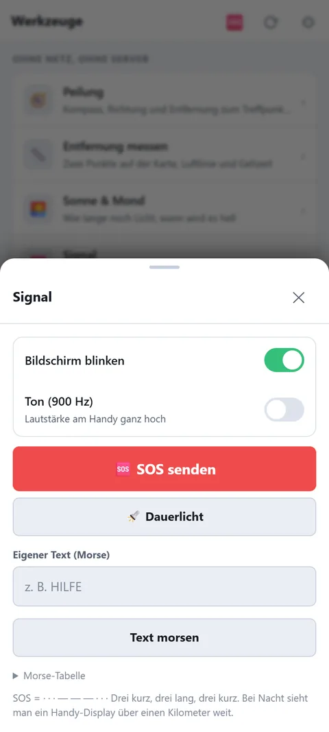 Signal: SOS blinken, Ton, eigener Text