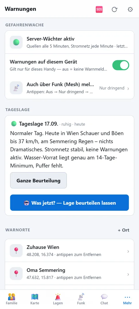 Gefahrenwache, Tageslage, Warnorte