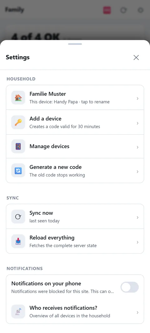 Settings: household, join code, devices