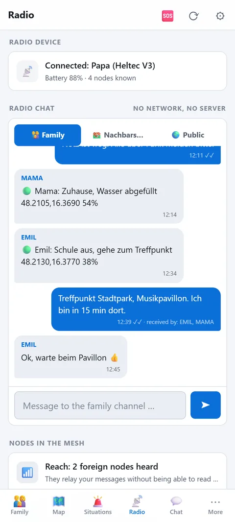 Radio: connected, family channel with delivery confirmation