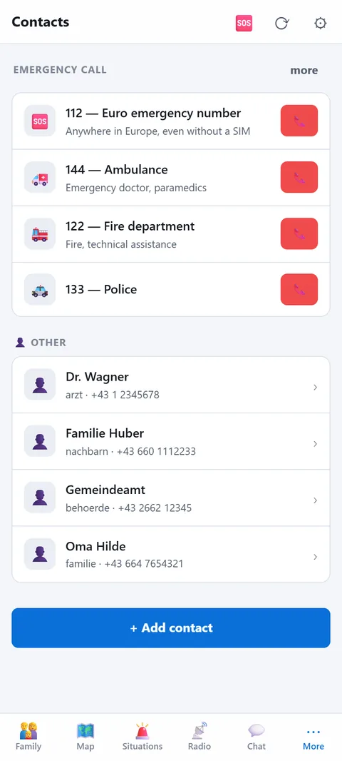 Emergency numbers and own contacts