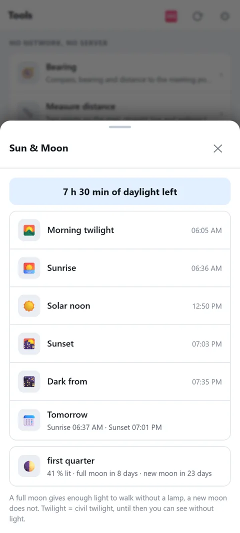 Sun & Moon: how long until dark